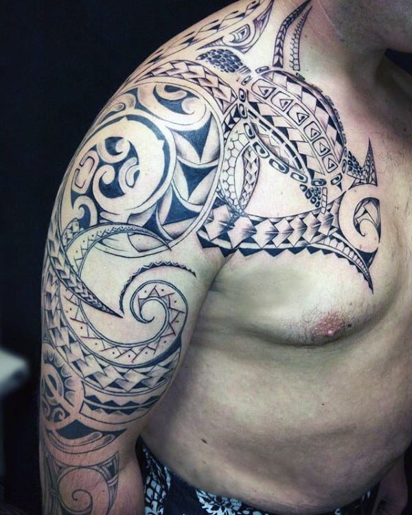 Awesome Mens Chest And Arm Polynesian Tribal Turtle Tattoo Designs