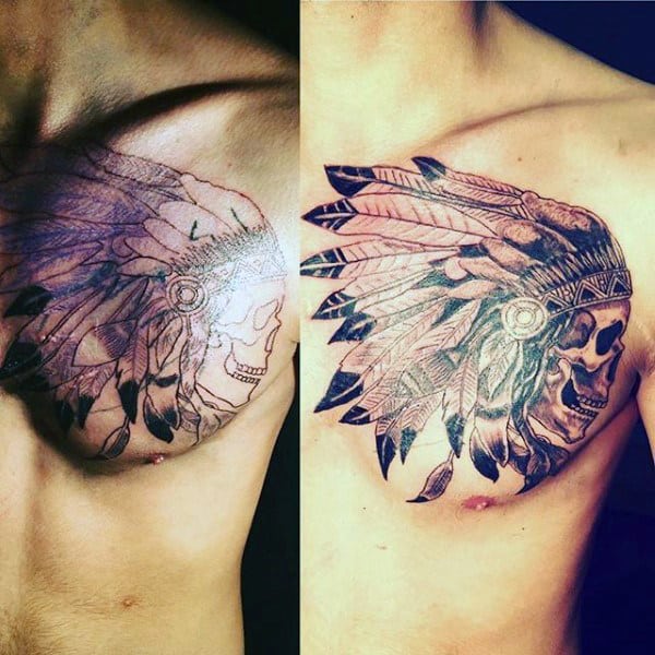 Awesome Mens Chest Indian Head Skull Tattoos