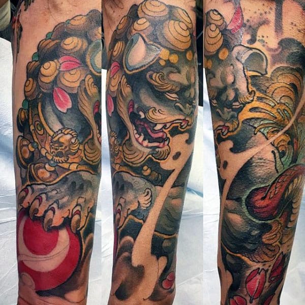 Awesome Mens Chinese Foo Dog Forearm Sleeve Tattoo