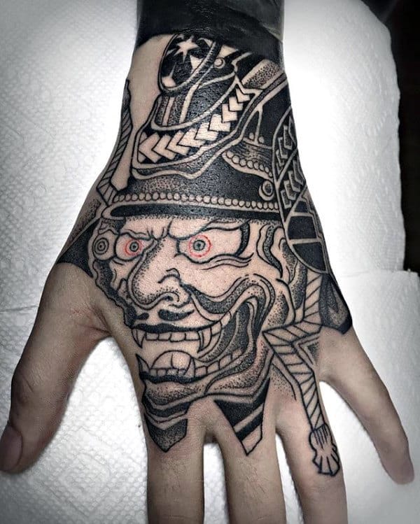 Awesome Mens Chinese Warrior Mask Hand Tattoo Designs