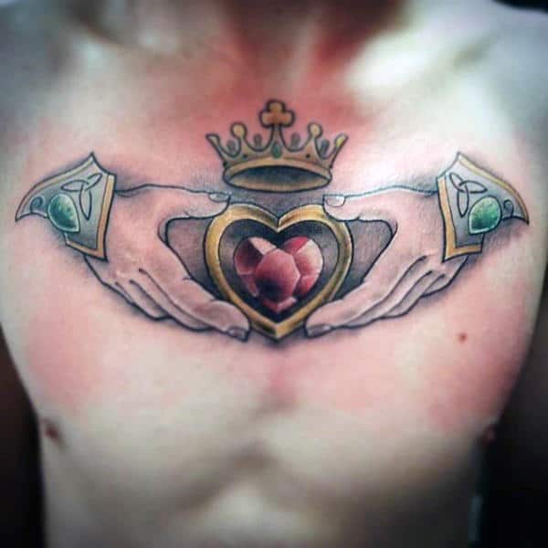 Awesome Mens Claddagh Chest Tattoo Design Ideas