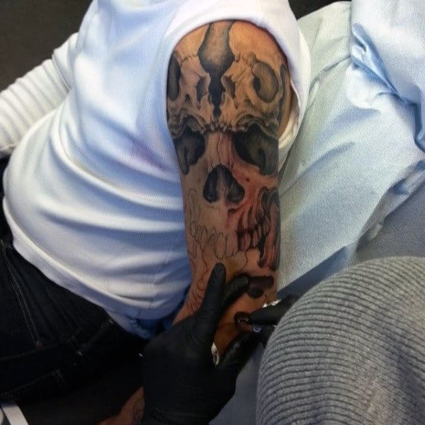 Awesome Mens Full Skull Sleeve Tattoo Design Inspiration