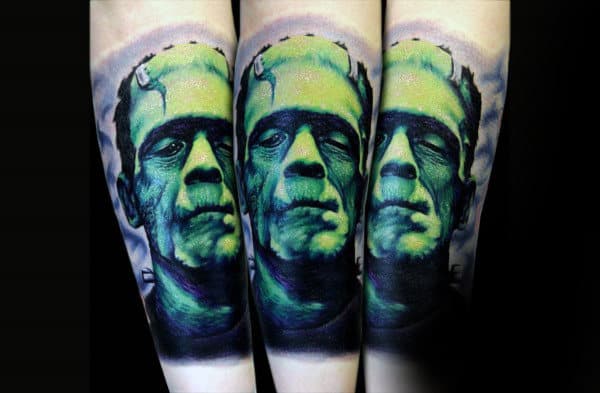 Awesome Mens Glowing Green Ink Frankenstein Tattoo On Inner Forearm