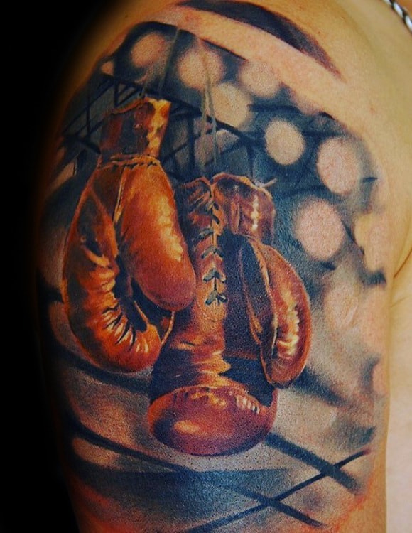 Awesome Mens Half Sleeve Boxing Gloves Watercolor Background Tattoos