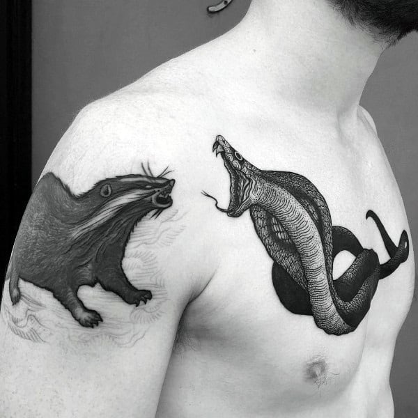 Awesome Mens Honey Badger Arm And Chest Tattoo With Cobra Snake Design