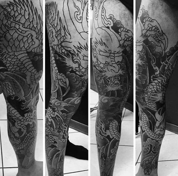 Awesome Mens Japanese Dragon Shaded Leg Tattoo Designs