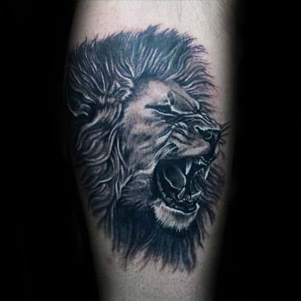 Awesome Mens Leg Calf Roaring Lion Tattoo