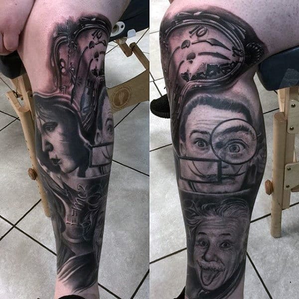 Awesome Mens Melting Clock Leg Sleeve Tattoo With Realistic Design