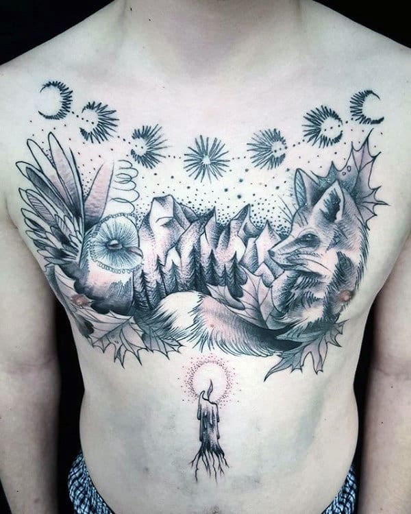 Awesome Mens Moon Phases Tattoo On Chest With Nature Landscape Design