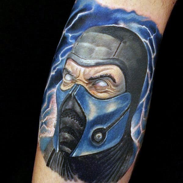 Awesome Mens Mortal Kombat Tattoo Of Sub Zero With Blue Ink On Arm