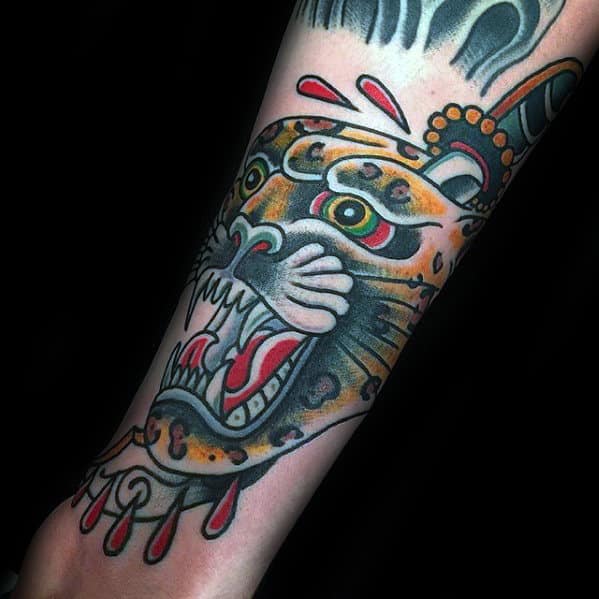 Awesome Mens Old School Traditonl Cheetah Outer Forearm Tattoos