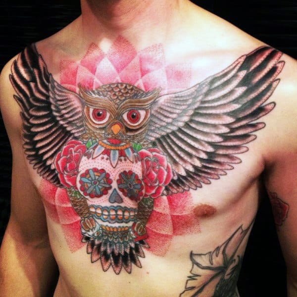 Awesome Mens Owl Sugar Skull Tattoo On Chest