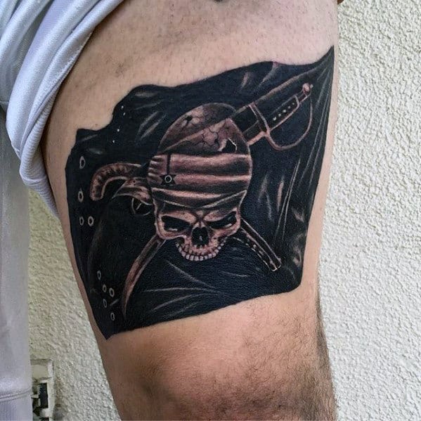 Awesome Mens Pirate Flag Thigh Tattoos