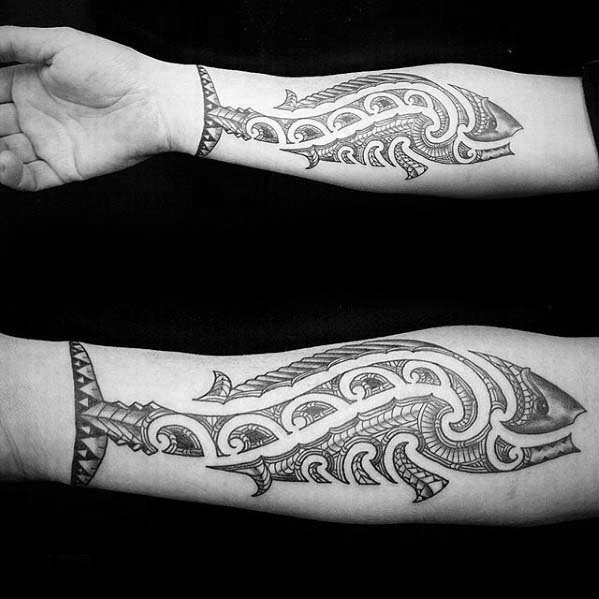 Awesome Mens Polynesian Tribal Fish Inner Forearm Tattoo Designs