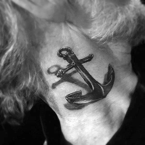 Black anchor tattoo on the neck in grayscale