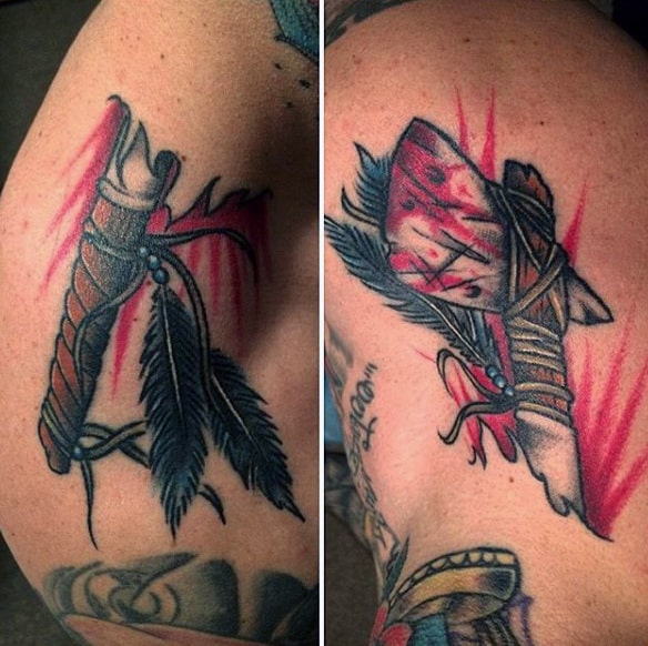 Awesome Mens Red Ink Tomahawk Shoulder Tattoos