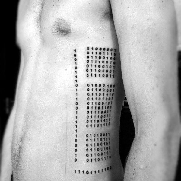 Awesome Mens Rib Cage Side Binary Numbers Tattoo With Black Ink Design