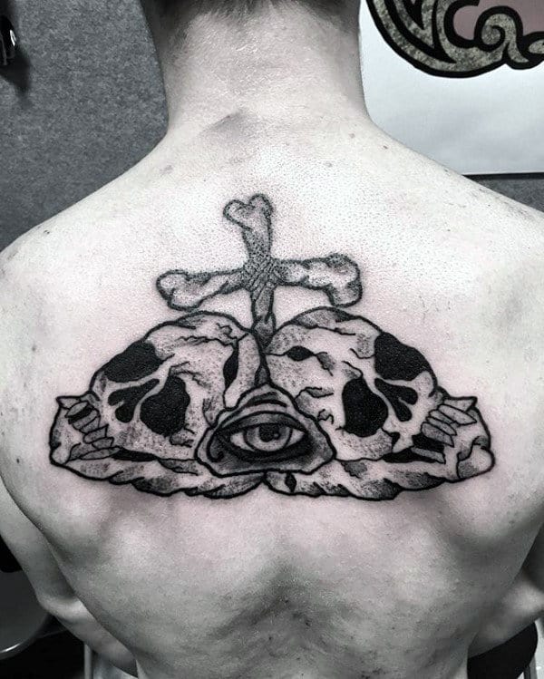 Awesome Mens Traditional Skull And Cross Upper Back Tattoos