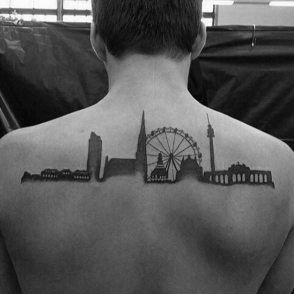 Awesome Mens Upper Back Skyline Tattoo Designs