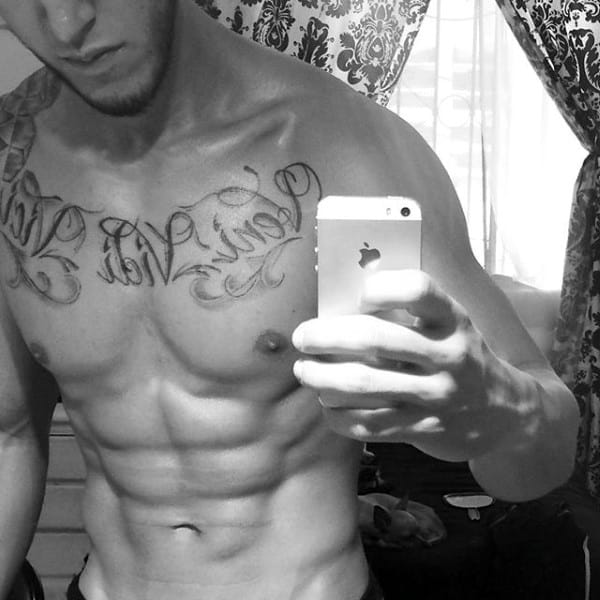 Awesome Mens Veni Vidi Vici Chest Tattoo Lettering Design