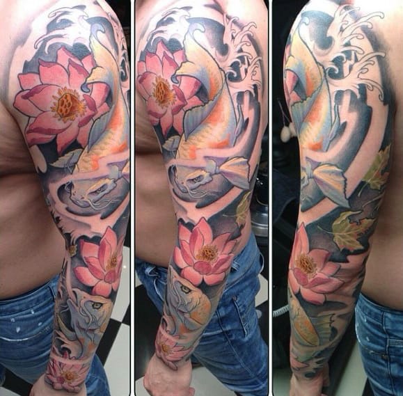 Awesome Mens Water Lily Koi Fish Full Sleeve Tattoos