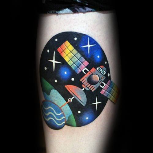 Awesome Modern Colorful Satellite Floating In Outer Space Tattoos For Men
