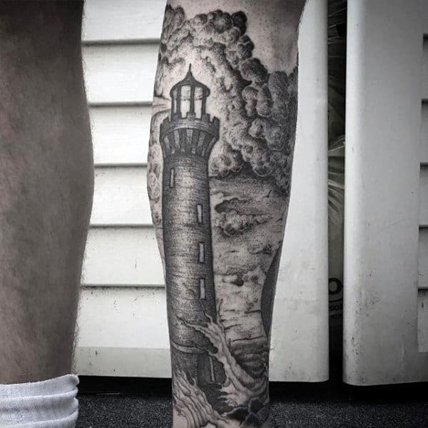 Awesome Nautical Dotwork Mens Lighthouse Leg Sleeve Tattoo