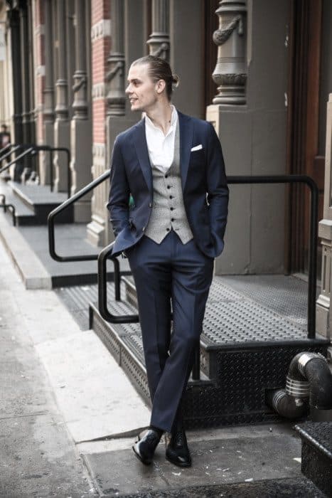 Awesome Navy Blue Suit Black Shoes Styles For Men With Grey Vest And White Pocket Square