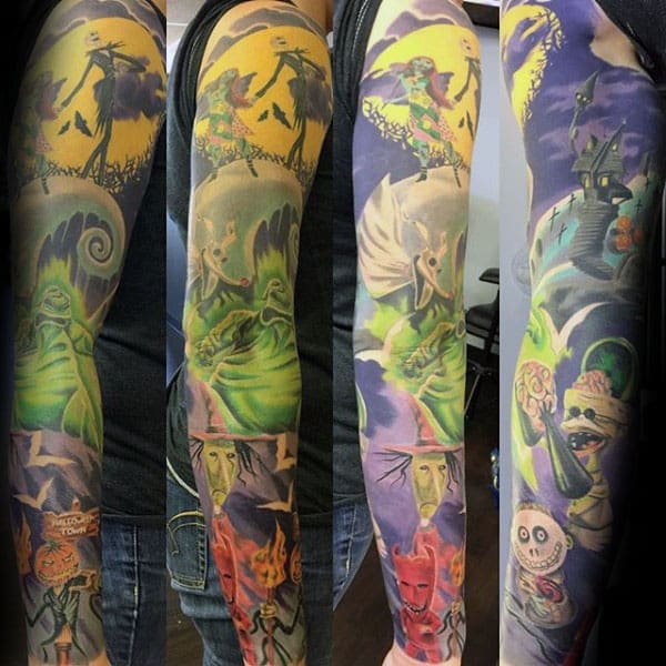Awesome Night Before Christmas Themed Mens Colorful Sleeve Tattoos