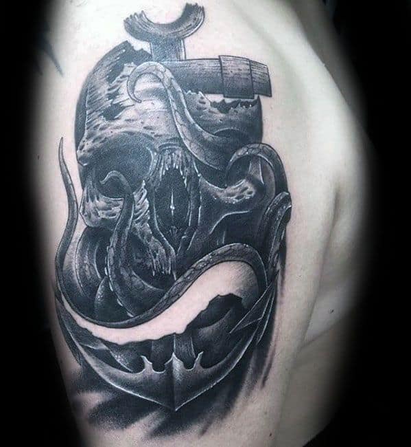 Octopus wrapping around a skull and anchor, with intricate shading and details, creating a dark and bold nautical design.