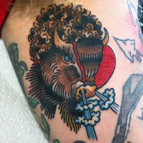 Awesome Old School Guys Bison Blowing Steam Inner Arm Tattoo Design
