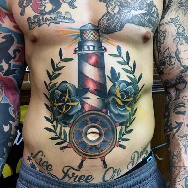 Awesome Old School Traditional Chest Lighthouse Laurel Wreath Tattoos For Men