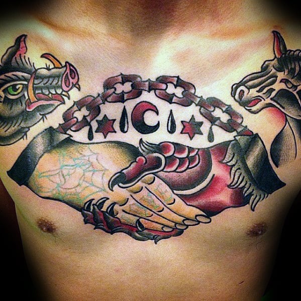 Awesome Old School Traditional Devil Handshake Chest Tattoos For Men