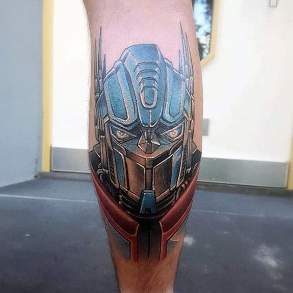 Awesome Optimus Prime Male Transformers Leg Calf Tattoo Designs