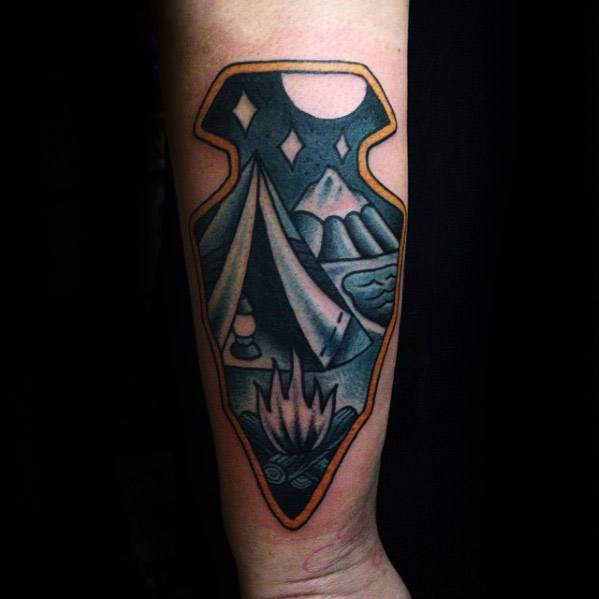 Awesome Outer Forearm Arrowhead Tent Tattoos For Men