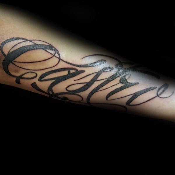 Awesome Outer Forearm Tattoo On Male With Script Design