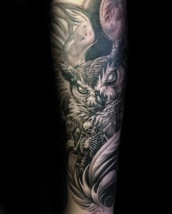 Awesome Owl Skeleton Mens Forearm Sleeve Tattoos