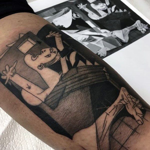 Detailed tattoo of a distressed figure from Picasso’s *Guernica*, capturing the anguish with bold lines and strong shading.