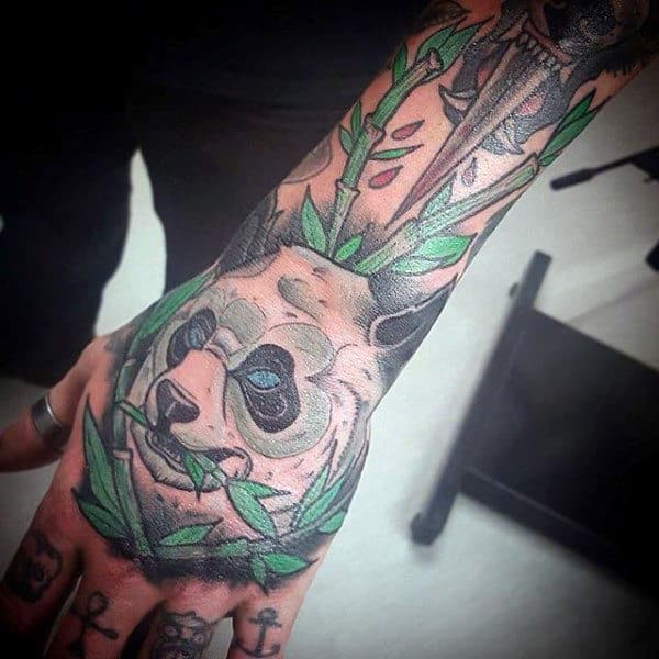 Awesome Panda Bear Mens Hand Tattoo