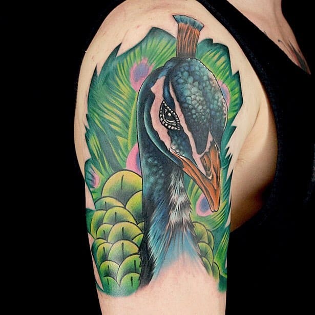 Close-up of a peacock tattoo on the upper arm, featuring vibrant colors and intricate feather details in blue and green.