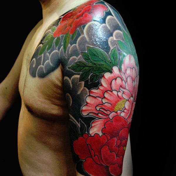 Awesome Peony Half Sleeve Tattoo On Gentleman With Japanese Clouds