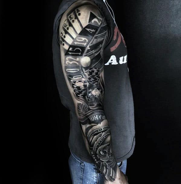 Awesome Playing Cards With Money Rose Mens Sleeve Tattoo Ideas