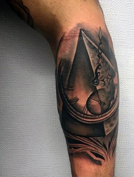 Awesome Pyramid Shaded Mens Clock Forearm Tattoo Ideas