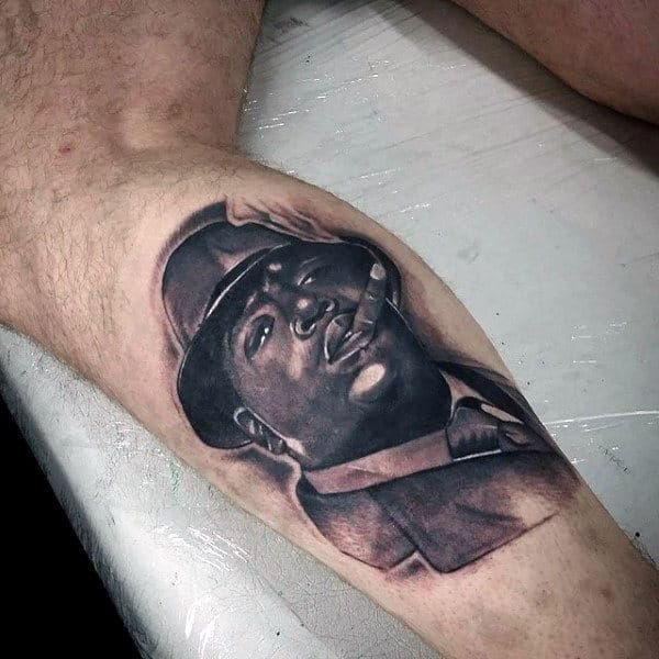 Awesome Rap Artist Leg Calf Tattoos For Males
