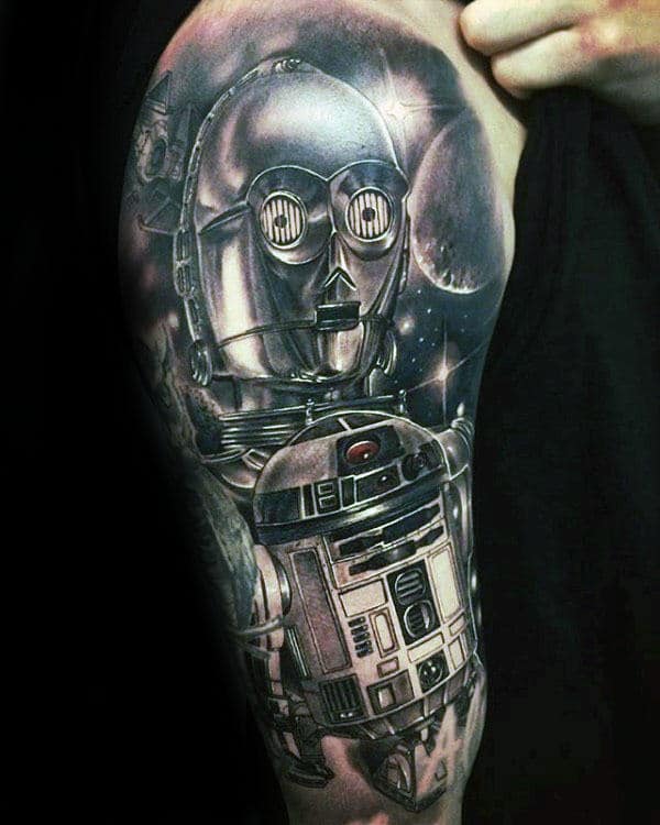 Awesome Rd2d Mens Black And Grey Half Sleeve Tattoo