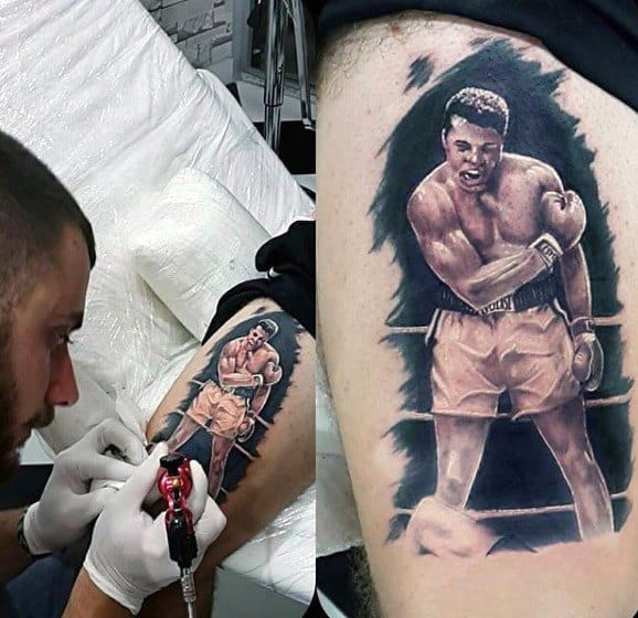 Awesome Realistic 3d Thigh Muhammad Ali Tattoos For Men