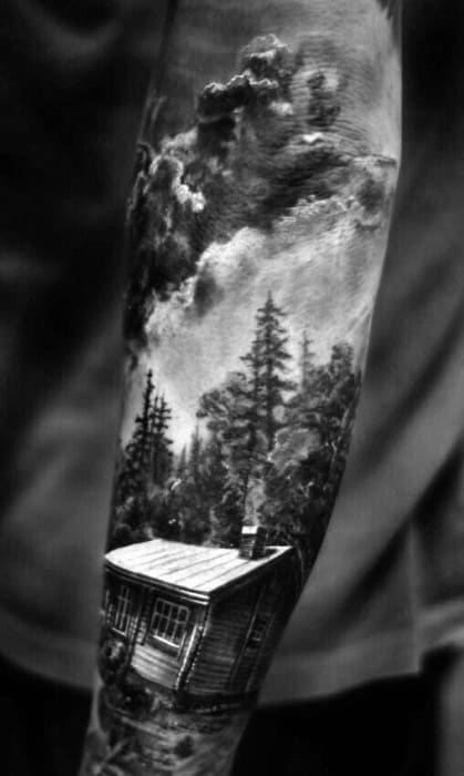 Awesome Realistic Cabin 3d Mens Full Arm Sleeve Tattoo