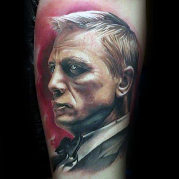 Awesome Realistic James Bond Portrait Leg Tattoos For Men