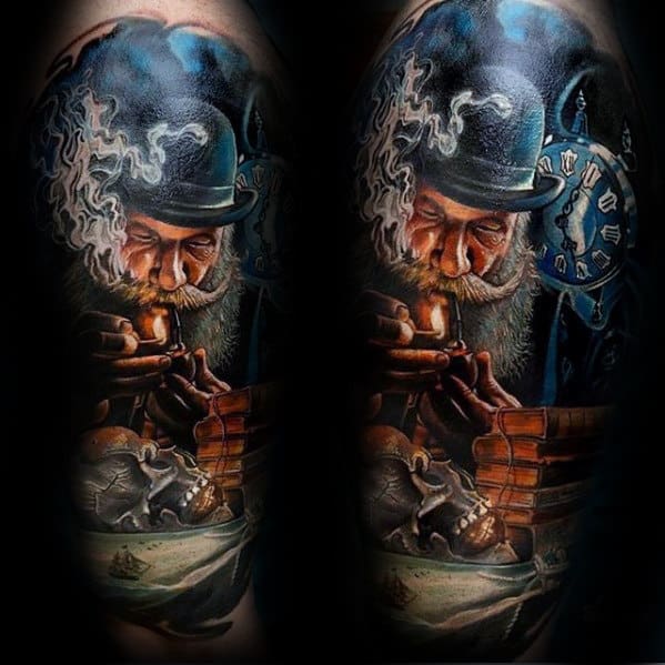Awesome Realistic Skull On Table Guys Half Sleeve Tattoo