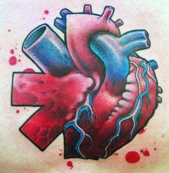 Tattoo featuring the Red Hot Chili Peppers logo fused with a detailed anatomical heart, blending realism and bold colors with splattered effects.